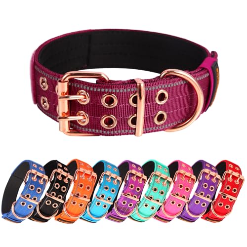 Yunleparks Strapazierfähiges, taktisches Hundehalsband mit Neopren gepolstert und Metallschnalle, reflektierendes Nylon für mittelgroße bis große Hunde (Weinrot, M) von Yunleparks