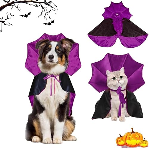 Yunova Halloween Katzenkostüm Vampir Umhang, Lila & Schwarzer Cape mit Klettverschluss für Katzen & Kleine Hunde, L Größe, Haustier Outfit für Halloween & Fotos von Yunova