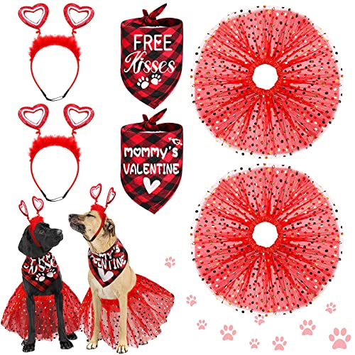 6-teiliges Valentinstag-Hunde-Kostüm-Set mit 2 roten Herz-Stirnbändern, 2 Stück, Büffelkariert, Haustier-Bandana, roter Tutu-Rock, Hunde-Tutu für große Hunde, mittelgroße Urlaubs-Outfit-Zubehör von Yunsailing