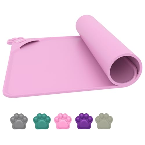 wasserdichte Futtermatten für Haustiere mit hohen Lippen, Silikonmatte, rutschfeste Tierfuttermatte für Hunde, Katzen mit verhindern, DASS Wasser nach unten geht (Rosa, 48x30) von Yuntrav