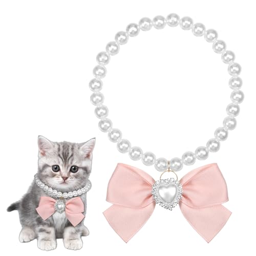 1 x Perlenhalsband für Katzen, rosa Katzenhalsband mit Schleife, rosa Perlen-Hundehalsband mit herzförmigem Anhänger, für Welpen, Kätzchen, Hunde, Hochzeit, Motto-Party, Geburtstagsparty von Yuomeaz