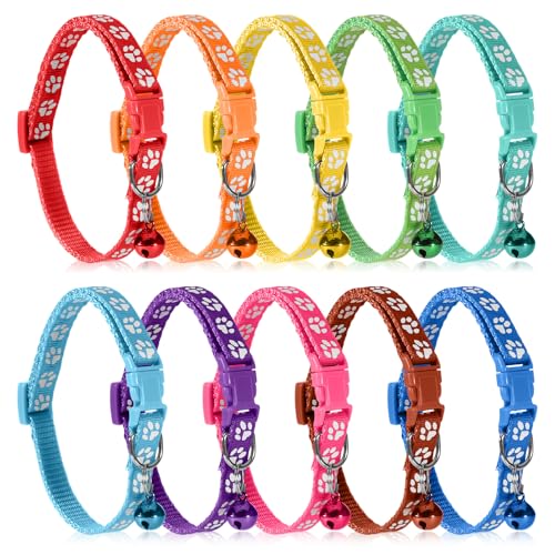 10 Stück Welpenhalsbänder, Welpenhalsbänder für Streu, bunt, verstellbar, 20–34 cm, Pfotenabdruck-Halsband mit Glocke für kleine Hunde und Katzen von Yuomeaz