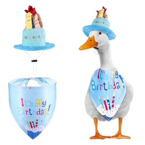 Happy Birthday Veranda-Gans-Outfits mit Geburtstagskuchenhut und Haustier-Halstuch, 58,4 cm / 43,2 cm, Zement-Kunststoff, Haustier-Ente, Gans, Kleidung, Dekorationen für Außenbereich, Garten von Yuomeaz