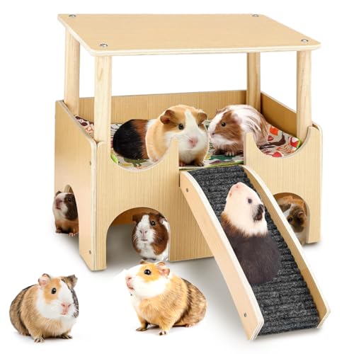 Yuragim Meerschweinchen Haus aus Holz mit Treppe Rampe und Matten, Groß Nagerhaus Meerschweinchen Schloss mit 3 Eingäng, Haustiere Spielzeug Zubehoer Versteck für Zwerg Hamster Stachelmäuse Kaninchen von Yuragim