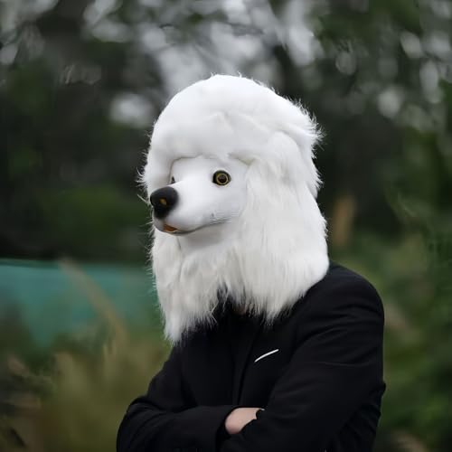 Yuulibux Lustige Hundemaske für Haustiere, weiße Plüschpudel-Maske, Halloween-Party, Foto-Requisite und Kostümzubehör von Yuulibux