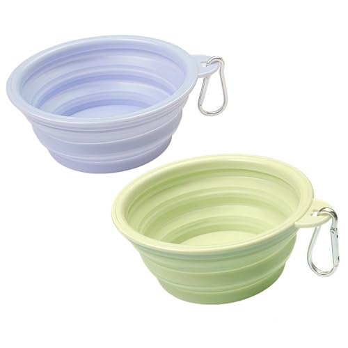 Faltbar Hundenapf 2 Stück, Silikon Futternapf & Wassernapf mit Karabiner für Hunde & Katzen – Haustiere Wassernapf für Unterwegs, Camping, Spaziergänge & Reisen (Blau+Grün, 650ml) von Yxian
