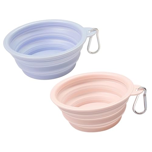 Faltbar Hundenapf 2 Stück, Silikon Futternapf & Wassernapf mit Karabiner für Hunde & Katzen – Haustiere Wassernapf für Unterwegs, Camping, Spaziergänge & Reisen (Blau+Rosa, 350ml) von Yxian