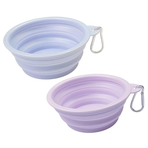 Faltbar Hundenapf 2 Stück, Silikon Futternapf & Wassernapf mit Karabiner für Hunde & Katzen – Haustiere Wassernapf für Unterwegs, Camping, Spaziergänge & Reisen (Blau+Violett, 1000ml) von Yxian