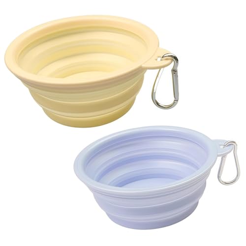 Faltbar Hundenapf 2 Stück, Silikon Futternapf & Wassernapf mit Karabiner für Hunde & Katzen – Haustiere Wassernapf für Unterwegs, Camping, Spaziergänge & Reisen (Gelb+Blau, 650ml) von Yxian