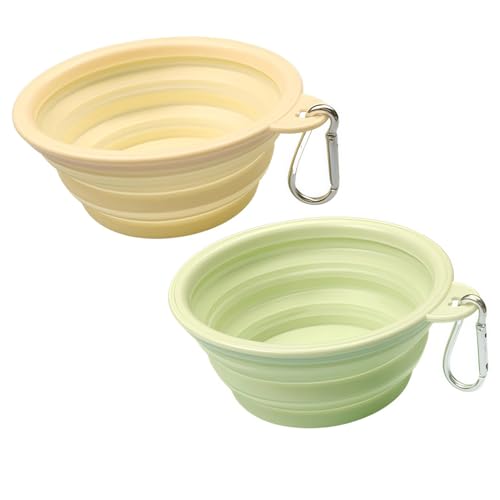 Faltbar Hundenapf 2 Stück, Silikon Futternapf & Wassernapf mit Karabiner für Hunde & Katzen – Haustiere Wassernapf für Unterwegs, Camping, Spaziergänge & Reisen (Gelb+Grün, 1000ml) von Yxian