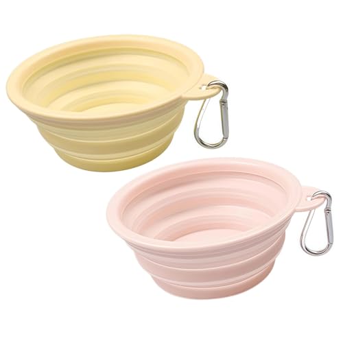 Faltbar Hundenapf 2 Stück, Silikon Futternapf & Wassernapf mit Karabiner für Hunde & Katzen – Haustiere Wassernapf für Unterwegs, Camping, Spaziergänge & Reisen (Gelb+Rosa, 1000ml) von Yxian
