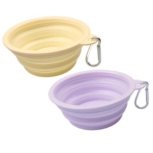 Faltbar Hundenapf 2 Stück, Silikon Futternapf & Wassernapf mit Karabiner für Hunde & Katzen – Haustiere Wassernapf für Unterwegs, Camping, Spaziergänge & Reisen (Gelb+Violett, 650ml) von Yxian