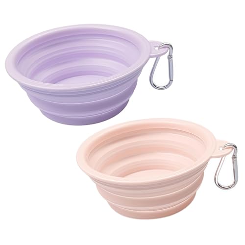 Faltbar Hundenapf 2 Stück, Silikon Futternapf & Wassernapf mit Karabiner für Hunde & Katzen – Haustiere Wassernapf für Unterwegs, Camping, Spaziergänge & Reisen (Violett+Rosa, 1000ml) von Yxian