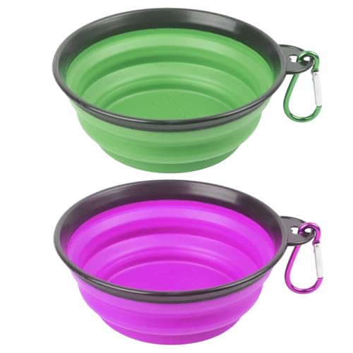 Klappbar Hundenapf 2 Pack, Zusammenklappbarer Wassernapf mit Karabiner für Hunde & Katzen – Kleine Futternapf für Camping, Spaziergänge & Reisen (Grün+Violett) von Yxian