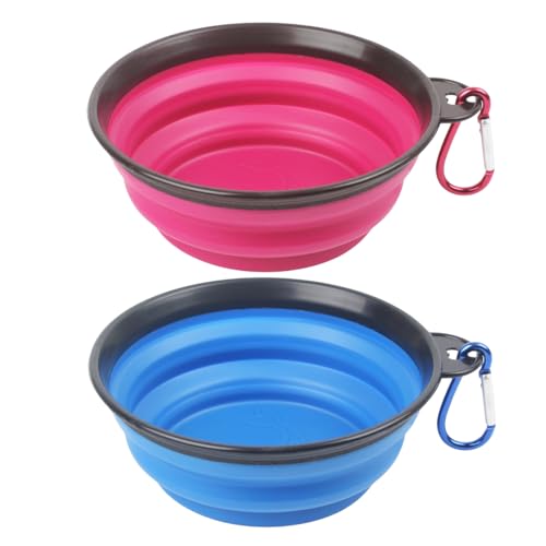 Klappbar Hundenapf 2 Pack, Zusammenklappbarer Wassernapf mit Karabiner für Hunde & Katzen – Kleine Futternapf für Camping, Spaziergänge & Reisen (Rose+Blau) von Yxian