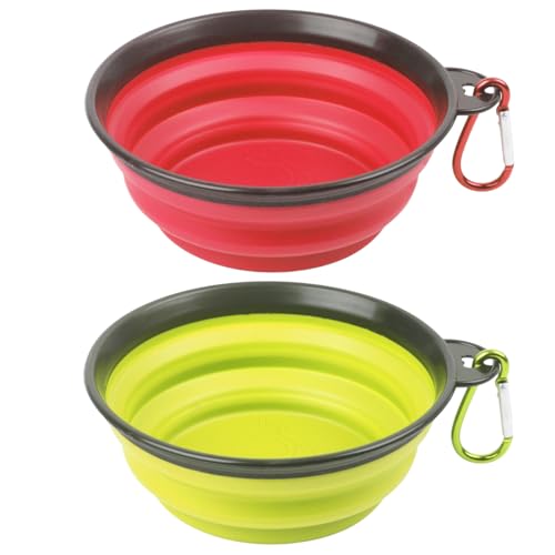 Klappbar Hundenapf 2 Pack, Zusammenklappbarer Wassernapf mit Karabiner für Hunde & Katzen – Kleine Futternapf für Camping, Spaziergänge & Reisen (Rot+Gelb) von Yxian