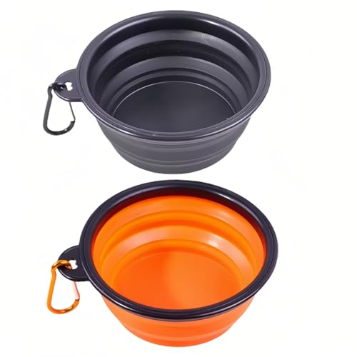 Klappbar Hundenapf 2 Pack, Zusammenklappbarer Wassernapf mit Karabiner für Hunde & Katzen – Kleine Futternapf für Camping, Spaziergänge & Reisen (Schwarz+Orange) von Yxian