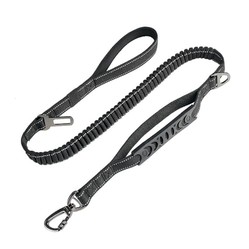 YzoTek Strapazierfähige Bungee Hundeleine - Sichere Stoßdämpfende Trainingsleine mit 2 Gepolsterten Griffen und Metallschloss D-Ring Autosicherheitsgurt-Clip und Reflektierenden Streifen von YzoTek