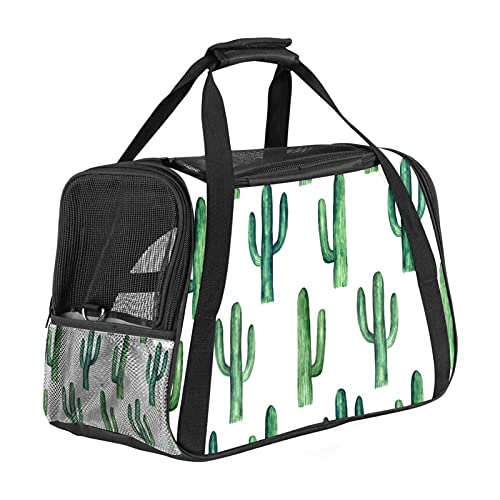 Reisetragetasche für Haustiere Grüner Kaktus Weiß Tragbare Reisetasche für Hunde oder Katzen mit Sicherheitsreißverschlüssen 43x26x30 cm von Z&Q