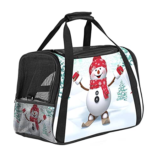 Reisetragetasche für Haustiere Schneemann Skifahren Winter Tragbare Reisetasche für Hunde oder Katzen mit Sicherheitsreißverschlüssen 43x26x30 cm von Z&Q