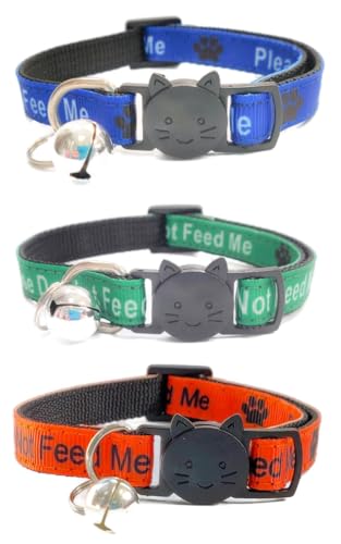 Katzenhalsbänder mit Aufschrift "Please Do Not Feed Me/I Am Microchip", sichere Schnellverschluss-Schnalle, ZACAL Katzenhalsbänder (3 Stück) (Blau, Grün & Orange/Schwarz, Please Do Not Feed Me von ZACAL