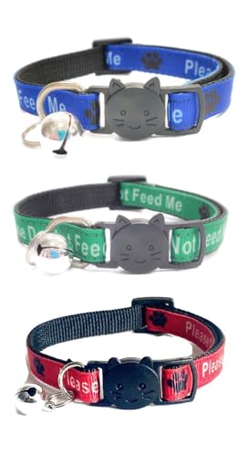 Katzenhalsbänder mit Aufschrift "Please Do Not Feed Me/I Am Microchip", sichere Schnellverschluss-Schnalle, ZACAL Katzenhalsbänder (3 Stück) (blau, grün und rot, bitte nicht füttern (3er-Pack) von ZACAL