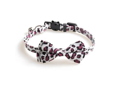 Luxuriöses Katzenhalsband mit Fliege und Glöckchen, sichere Schnellverschluss-Schnalle, ZACAL Katzenhalsbänder (weiß/rosa Leopardenmuster) von ZACAL