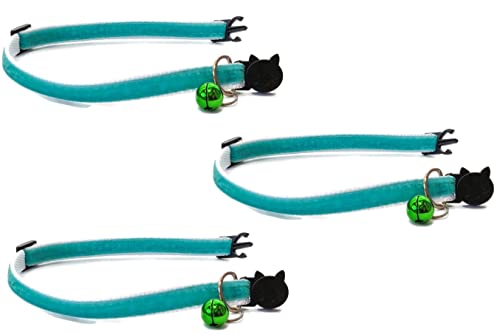 Samt-Katzenhalsband mit Glöckchen. Sichere Schnellverschluss-Schnalle. Erhältlich in Katzen- und Kätzchengröße (3 Stück) (Katzenhalsband (20 cm – 30 cm), Blaugrüner Samt (3 Stück) von ZACAL
