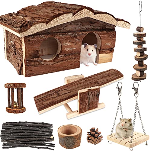 ZALALOVA Hamster-Kauspielzeug mit Holzhaus, 17 Stück Naturholzversteck, Futterschale, Aktivitätsspielzeug für Hamster, Chinchilla, Meerschweinchen, Ratten und andere Kleintiere von ZALALOVA