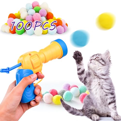 ZALBYUY Katzenspielzeug Ball Gun Launcher, 100 bunte & weiche Plüschbälle, interaktives Katzenspielzeug Launcher für Indoor-Katzen, Übung Katzenspielzeug von ZALBYUY