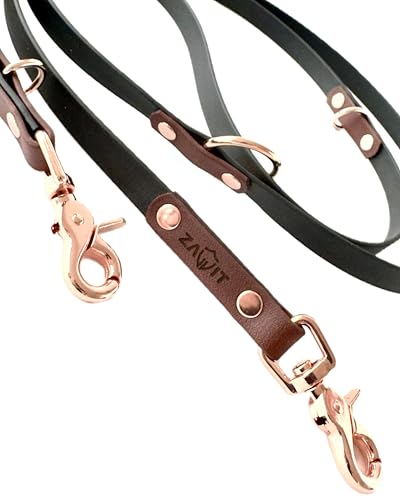 Original Biothane® Hundeleine 2m - Verstellbar, Wasserfest & Robust, mittel-große und kleine Hunde, Scherenkarabiner Bruchlast 160 kg (Schwarz/Braun/Rosegold) von ZAVVIT