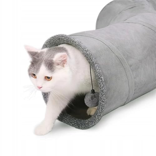 ZAXER Katzentunnel - mit Ball Spielzeug - groß und lang - faltbar mit 2 Löchern für Kätzchen, Kaninchen, Meerschweinchen, Frettchen, Durchmesser 117 x 27 cm, grau von ZAXER