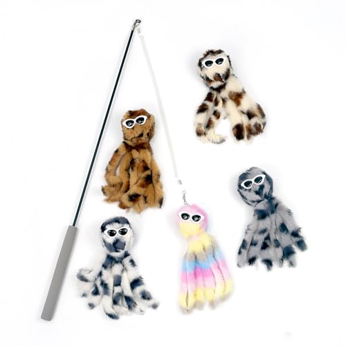 ZAYLUMO Interaktives Katzenspielzeug Set - 50 cm Katzenstab mit Kunststoffschwammgriff & Metallschaft + 5 Bunte Oktopus Ersatzköpfe, Innenbereicherung & Wohnkultur von ZAYLUMO