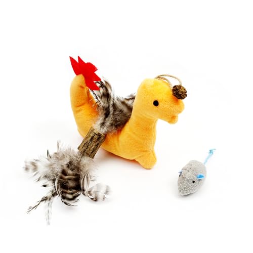 3-teiliges Katzenspielzeug Set – Katzenminze Plüsch Dino & Maus + Natürlicher Katzenminze Holzstab mit Federn – Interaktives Katzenspielzeug für Indoor Katzen, Katzenminze Spielzeug, Kauspielzeug von ZAYLUMO