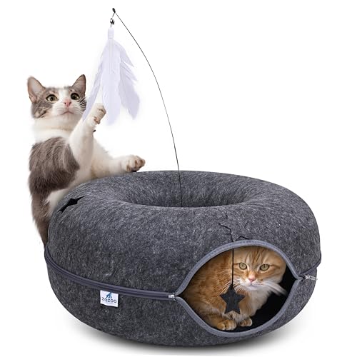 ZAZOO Katzentunnel, große Peekaboo-Katzenhöhle mit Federstab und Spiellöchern, bequemer Katzen-Donut, Schraubwiderstand und waschbar, Katzenbetthöhle für große und mehrere Katzen bis zu 13,6 kg. von ZAZOO