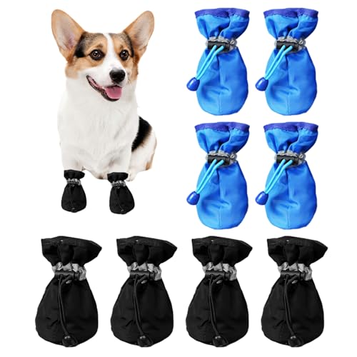 4 paar Hundeschuhe, Haustierschuhe mit weichen Sohlen, Haustierschuhe mit Kordelzug, rutschfester Hundeklauenschutz, Hundeschuhe für drinnen und draußen, wasserdichte Regenstiefel für Haustiere von ZBHDEYG