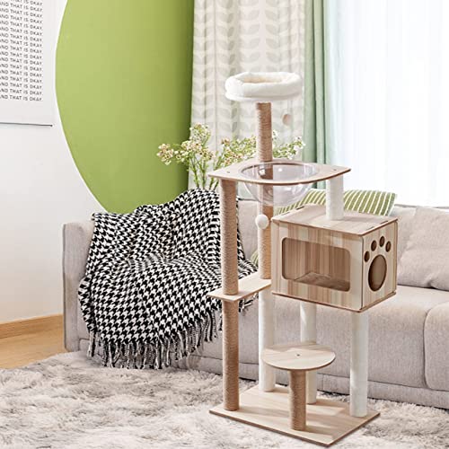 Kratzbaum Turm Kratzbäume， Kratzbaumturm aus Holz mit Raumschiff-Hängematte und Sisal-Kratzbäumen for Katzen, 132,8 cm von ZBORAVPIX