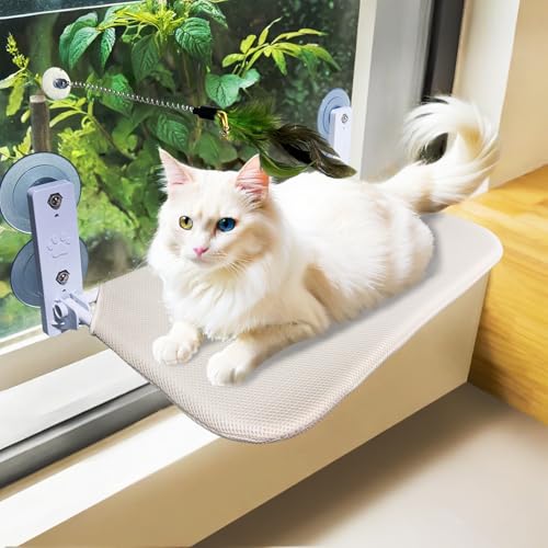 Katzen-Fenster-Sitz-Hängematte, faltbare Hängematte mit 4 starken Saugnäpfen, einfach zu montieren und Katzenstab, cremefarben von ZBUQ