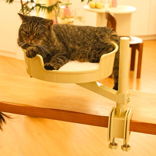 ZBUQ Katzenbett-Schreibtisch mit Haustiermatte, Katzen-Hängematte für Schreibtisch mit Schüssel, 360° Drehung und verstellbare Höhe, Creme von ZBUQ