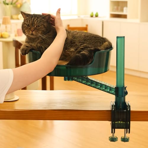 ZBUQ Katzenbett-Schreibtisch mit Haustiermatte, Katzenhängematte für Schreibtisch mit Schüssel, 360° Drehung und verstellbare Höhe, Transparent Grün von ZBUQ