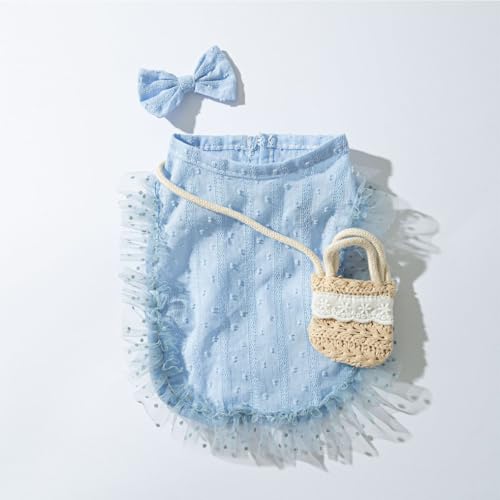 Haustier Hund Fliege Kleid, Gelb und Weiß Schleife Kopfschmuck, Katzenkleidung mit Hängetasche, Haustierkleid (Blau, S) von ZCMMF