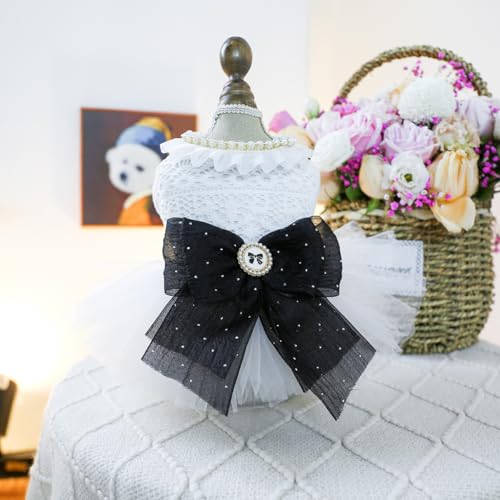 Luxuriöses Haustierkleid, weißes Tutu aus Spitze mit schwarzer Schleife, Perlenkette, Größe XS von ZCMMF