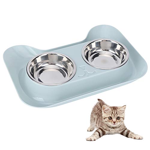Katzen-Doppelnäpfe aus Edelstahl mit Katzengesicht-Design – einfache Reinigung & Fütterung & Wassernapf-Set für Katzen (blau) von ZCYLPT