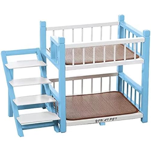 Etagenbett für kleine Hunde und mittelgroße Haustiere, doppellagiger Holzrahmen, Haustierbett, mit Treppe, erhöhter Sitzstange, Katzentreppe, perfekte Hunde/mittelgroße Betten (klein, blau) von ZDFTGKM