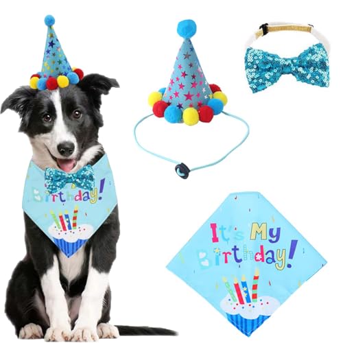 3-Teiliges Hunde-Geburtstags-Bandana-Set, Niedlicher Hunde-Geburtstagshut, Hunde-Geburtstagsparty-Set, Geeignet für Hunde- und Katzen-Geschenke und Party-Dekorationsset (Blau) von ZEACCT