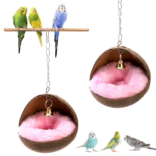 ZENFUN 2er Packs Kokosnuss Vogelnest, Papageien Kokos Haus mit Warmer Matte, Vogelkäfig Hängespielzeug, Natürlicher Holzruhe Brutplatz für Sittich, Nymphensittich, Wellensittiche von ZENFUN