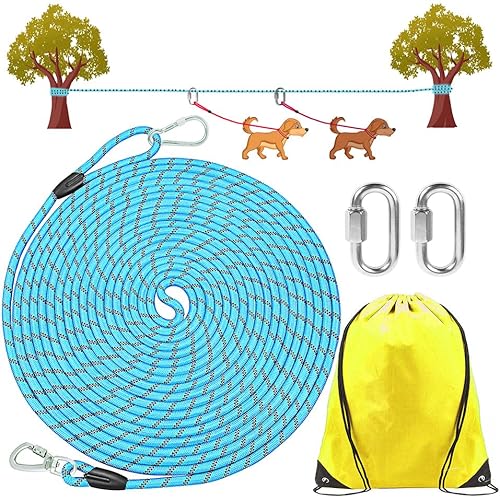 ZENGSUSU Multifunktionales Hundeleinenkabel für zwei Hunde, reflektierendes Lauf-Trolley-System für Hunde bis zu 136 kg, lange Leine mit Griff und abnehmbarem Verbindungsring, 18,3 m von ZENGSUSU