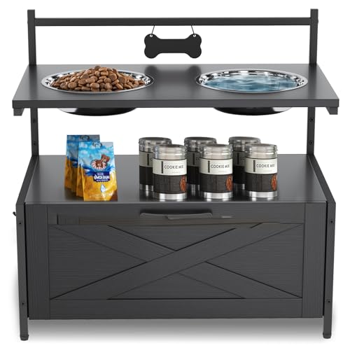 Erhöhte Hundenäpfe für große Hunde, erhöhter Hundenäpfe aus Holz mit 2 Edelstahl-Hundenäpfen, angehobener Hundenapfhalter, Schrank mit Holzschublade, Schwarz von ZERDER