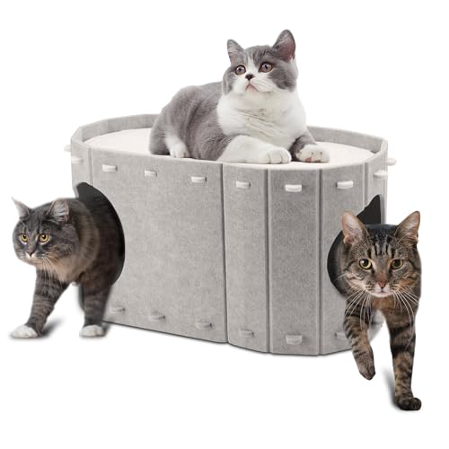Filz-Katzenbett mit extra viel Platz, Winterfester Katzenkorb & Katzenschlafplatz – Robustes Katzenhaus Indoor mit Leichter Montage, 58x33x30cm, 8kg Tragkraft (Kamel, 58x33x30 cm) von ZESTEFY