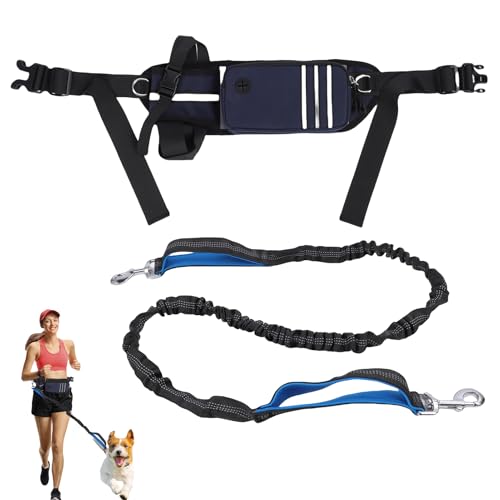 Hands Free Hundeleine, Verstellbarer Hund Walking Gürtel, Reflektierende Laufleine mit Hüftgurt und Multi Tasche, Hund Laufgürtel mit zwei Griffen und Bungee für Laufen, Walking, Wandern (Blau) von ZESTEFY